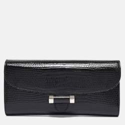 Pre Owned Saint Laurent Black Lizard Embossed Patent Leather Muse Clutch