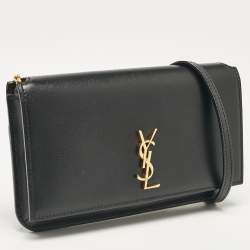 Saint Laurent Black Leather Cassandre Phone Holder Crossbody Bag