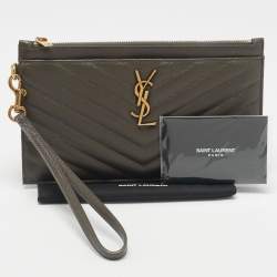 Saint Laurent Olive Green Matelassé Leather Large Cassandre Zip Pouch