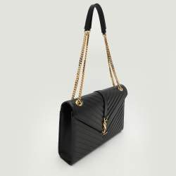 Pre Owned Saint Laurent Black Matelassé Leather Large Monogram Envelope Shoulder Bag