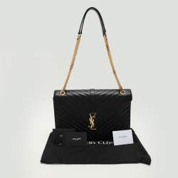 Pre Owned Saint Laurent Black Matelassé Leather Large Monogram Envelope Shoulder Bag