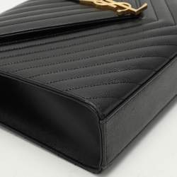 Pre Owned Saint Laurent Black Matelassé Leather Large Monogram Envelope Shoulder Bag