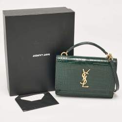 Pre Owned Saint Laurent Green Croc Embossed Leather Sunset Wallet on Chain