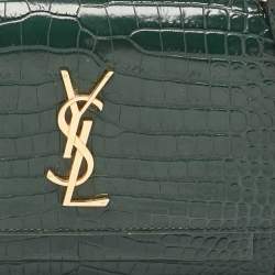 Pre Owned Saint Laurent Green Croc Embossed Leather Sunset Wallet on Chain