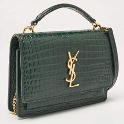 Pre Owned Saint Laurent Green Croc Embossed Leather Sunset Wallet on Chain