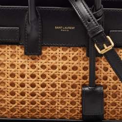 Pre Owned Saint Laurent Black/Beige Leather and Bamboo Woven Nano Sac De Jour Tote