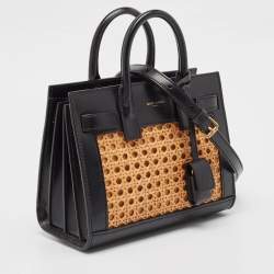 Pre Owned Saint Laurent Black/Beige Leather and Bamboo Woven Nano Sac De Jour Tote