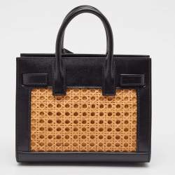 Pre Owned Saint Laurent Black/Beige Leather and Bamboo Woven Nano Sac De Jour Tote