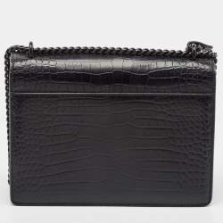 Pre Owned Saint Laurent Black Croc Embossed Leather Medium Sunset Bag