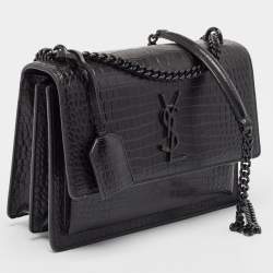Pre Owned Saint Laurent Black Croc Embossed Leather Medium Sunset Bag