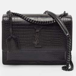 Pre Owned Saint Laurent Black Croc Embossed Leather Medium Sunset Bag