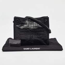 Saint Laurent Black Croc Embossed Leather Medium Monogram Nikki Tote