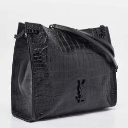 Saint Laurent Black Croc Embossed Leather Medium Monogram Nikki Tote