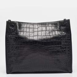 Saint Laurent Black Croc Embossed Leather Medium Monogram Nikki Tote