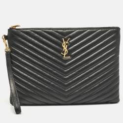 Pre Owned Saint Laurent Black Matelassé Leather Cassandra Tablet Pouch 