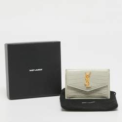Pre Owned Saint Laurent Off White Croc Embossed Leather Uptown Flap Card Holder