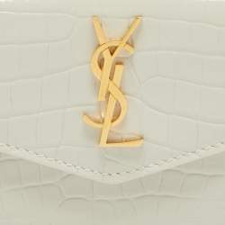 Pre Owned Saint Laurent Off White Croc Embossed Leather Uptown Flap Card Holder