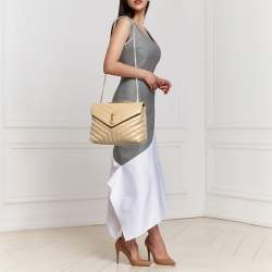Pre Owned Saint Laurent Beige Matelassé Leather Medium LouLou Shoulder Bag