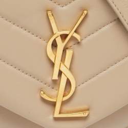 Pre Owned Saint Laurent Beige Matelassé Leather Medium LouLou Shoulder Bag