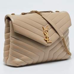 Pre Owned Saint Laurent Beige Matelassé Leather Medium LouLou Shoulder Bag
