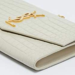 Saint Laurent Off White Croc Embossed Leather Uptown Wallet On Chain