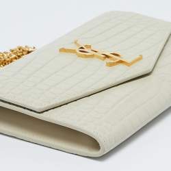 Saint Laurent Off White Croc Embossed Leather Uptown Wallet On Chain