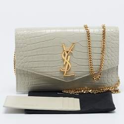 Saint Laurent Off White Croc Embossed Leather Uptown Wallet On Chain