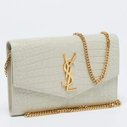 Saint Laurent Off White Croc Embossed Leather Uptown Wallet On Chain