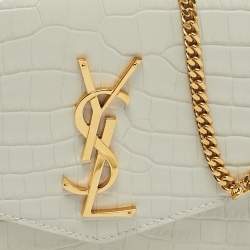 Saint Laurent Off White Croc Embossed Leather Uptown Wallet On Chain