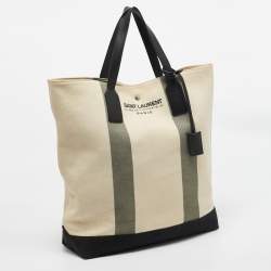 Saint Laurent Beige/Black Canvas and Leather East West Beach Tote