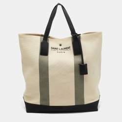 Saint Laurent Beige/Black Canvas and Leather East West Beach Tote