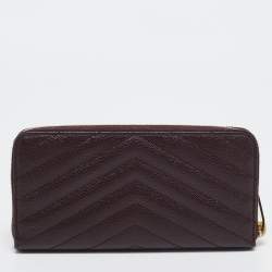 Pre Owned Saint Laurent Burgundy Matelassé Leather Cassandre Zip Continental Wallet