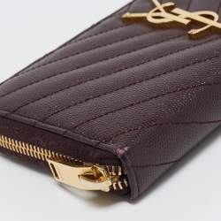 Pre Owned Saint Laurent Burgundy Matelassé Leather Cassandre Zip Continental Wallet
