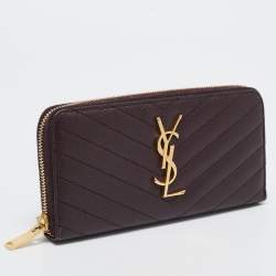 Pre Owned Saint Laurent Burgundy Matelassé Leather Cassandre Zip Continental Wallet
