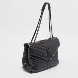 Pre Owned Saint Laurent Black Matelassé Leather Medium LouLou Shoulder Bag