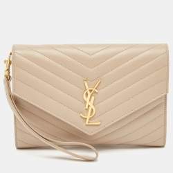 Saint Laurent Beige Matelassé Leather Cassandre Wristlet Pouch