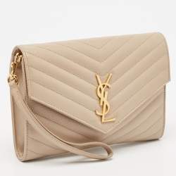 Saint Laurent Beige Matelassé Leather Cassandre Wristlet Pouch