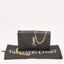 Saint Laurent Black Matelassé Leather Cassandre Envelope Chain Clutch