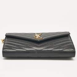 Saint Laurent Black Matelassé Leather Cassandre Envelope Chain Clutch