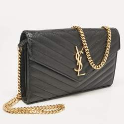 Saint Laurent Black Matelassé Leather Cassandre Envelope Chain Clutch