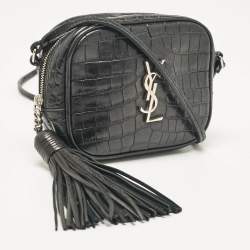 مملوكة مسبقًا Saint Laurent Black Croc Embossed Leather Blogger Crossbody Bag