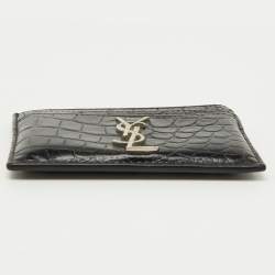 Saint Laurent Black Croc Embossed Leather Monogram Card Holder
