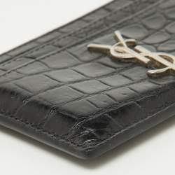 Saint Laurent Black Croc Embossed Leather Monogram Card Holder