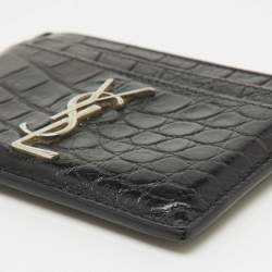 Saint Laurent Black Croc Embossed Leather Monogram Card Holder