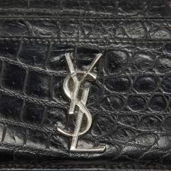 Saint Laurent Black Croc Embossed Leather Monogram Card Holder