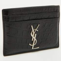 Saint Laurent Black Croc Embossed Leather Monogram Card Holder