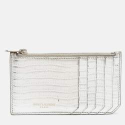 Saint Laurent Silver Textured Leather Zip Card Holder