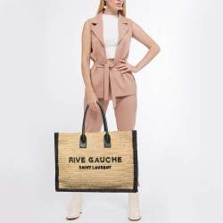 Saint Laurent Black/Natural Woven Straw Large Rive Gauche Tote