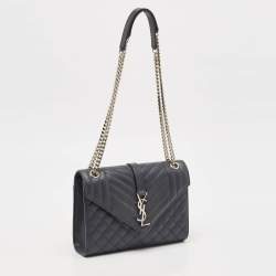 Pre Owned Saint Laurent Navy Blue Mix Matelassé Leather Medium Envelope Chain Shoulder Bag