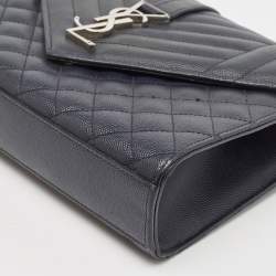 Pre Owned Saint Laurent Navy Blue Mix Matelassé Leather Medium Envelope Chain Shoulder Bag